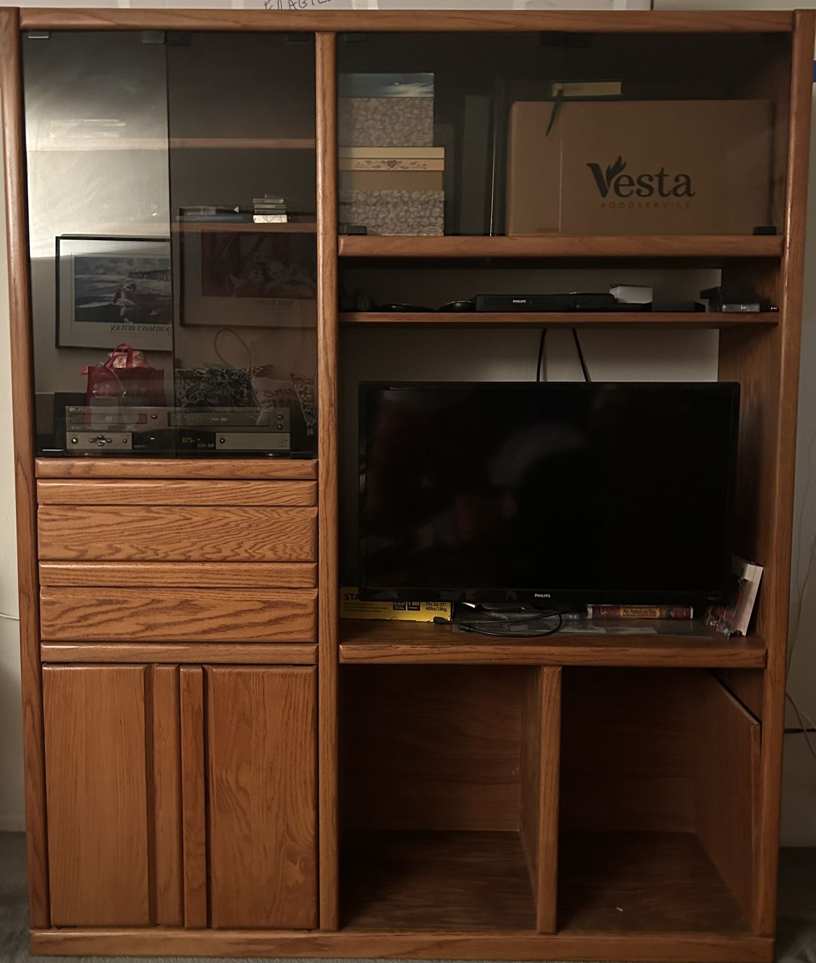 Oak Entertainment center On Rollers - plus Matching Side Cabinet Also On Rollers