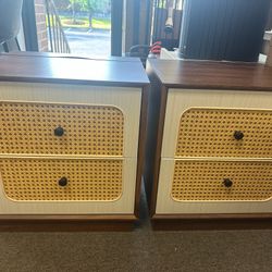Modern Nightstand with Charging Station,Bedside Table with 2 Rattan Drawers,Boho Side Table Set Of 2