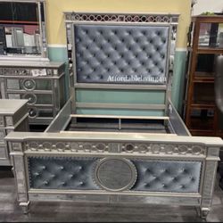 Queen Grey Velvet Mirrored Bed Frame Brand New In Box