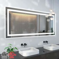 55 in. W x 30 in. H Rectangular Frameless LED Light Anti-Fog Wall Bathroom Vanity Mirror Super Bright Front Light