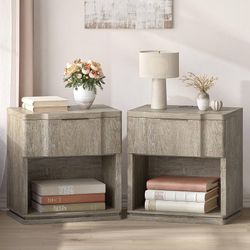 0972d Night Stand Set of 2 with Charging Station, Mid Century Modern Wood Nightstand with Drawer, Bedside Table with Storage, Large Rustic Farmh
