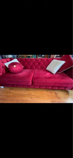 Burgundy Velvet Tufted Chesterfield-Style Sofa with Accent Pillows