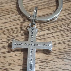Man Of God Stainless Steel Cross Pendant Key Ring 1 Timothy 6:6-16