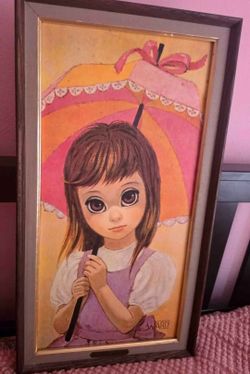 Vintage Ward "Missy" big eyed MOD wall hanging print. MCM 1960s-70s. With original frame
