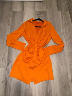 Tropical Orange Long Sleeve Button Up Ruched Mini Dress