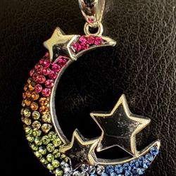 Sparkling Colorful Crescent Moon with Stars Pendant