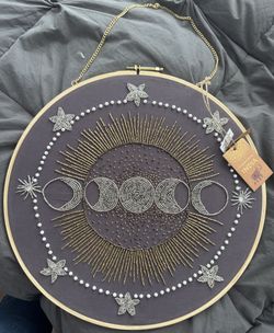 Handcrafted Celestial Sun and Moon Large Beaded Embroidery Hoop Hanging Wall Art
