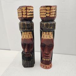 Vintage Hand Carved Jamaican Tiki Totem Statues Solid Wood Tribal Art Set of 2