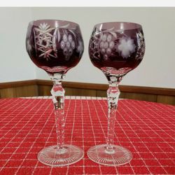 2 Ajka Bohemian Czech Style Cut To Clear Amethyst Purple Hock Balloon Wine Glasses