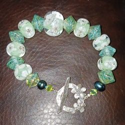 Vintage 80's Handmade Lampwork 8" and 925ss Flowers Toggle Clasp 