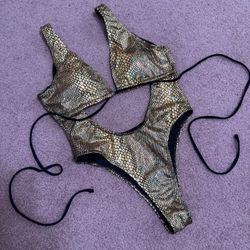 New Medium Gold Metallic One Piece Swimsuit Bikini Outfit Bodysuit Festival Rave 