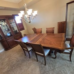 Complete Formal Sunburst Wood Dining Room Set: Table, 6 Chairs, & 3 Glass Display Cabinets