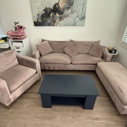Velvet Blush Couch + Chair + Ottoman – Modern 3-Piece Set