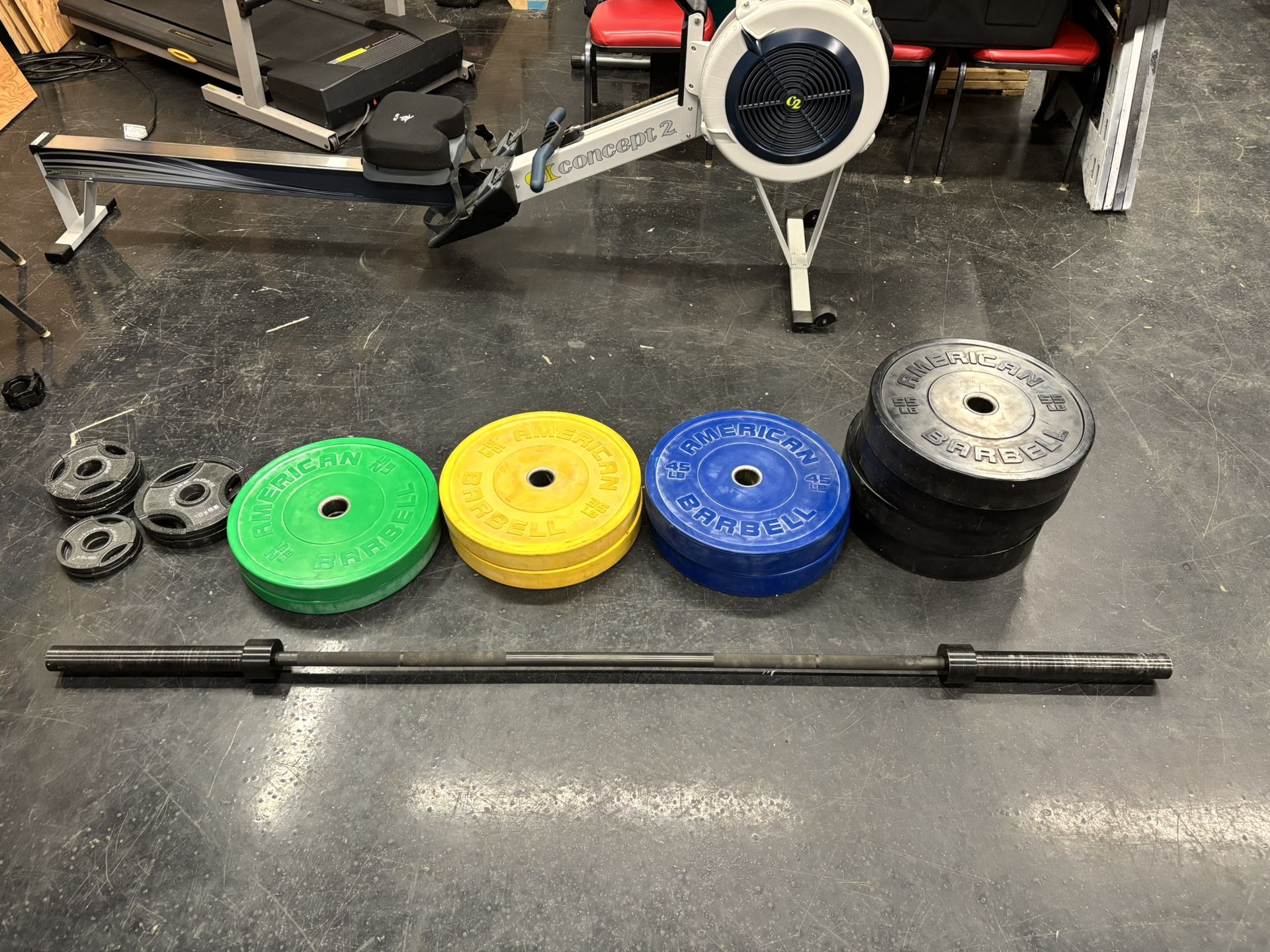 Home Gym Setup Free Weights 475 Pounds Bumper Plates Olympic Weights And Olympic Bar American Barbell Rogue Fitness