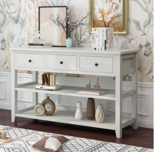 White 3 Shelf Console Table With Drawers 