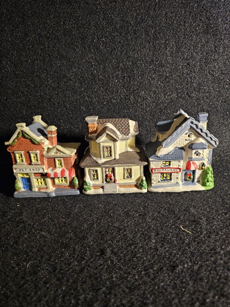 3 Pc. Vintage 2005 Wellington Square Village Collection House, Pet Shop, & Restaurant