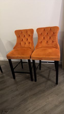 Set of 2 Orange Velvet Tufted Bar Stools / Counter Chairs