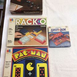 Vintage Milton Bradley Complete Games Pac-Man, Rack-O, Shut The Box, Bowl and Score w/ Instructions