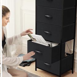 Vertical Dresser Storage Tower - Sturdy Steel Frame, Wood Top, Easy Pull Fabric Bins Black