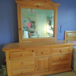 Long Pine Dresser With Mirror