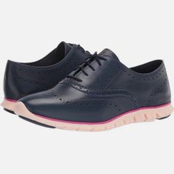 Cole Haan Women’s Zerogrand Wingtip Oxford (W24574) in Marine Blue with Pink Midsole