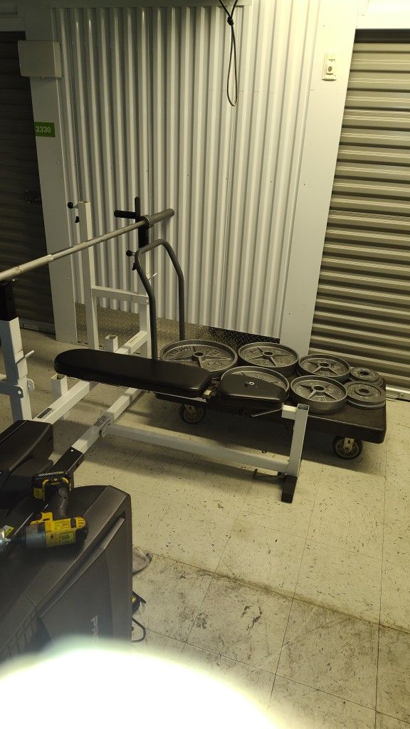 BODY SOLID WORKOUT BENCH WITH 410 LB OF OLYMPIC WEIGHTS ( GREAT CONDITION)