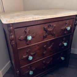 Antique Marble-Top 3-Drawer Side Table / Dresser with Turquoise Anthropologie Knobs