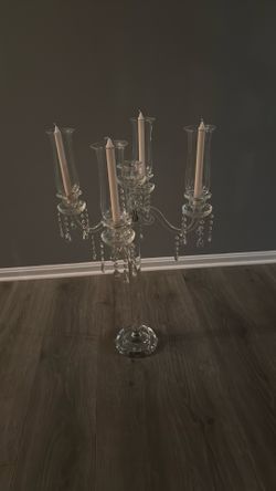 5 Arm Crystal Glass Taper Candle Holder Candelabra, Stylish Table Centerpiece With Chandelier Chains 32"