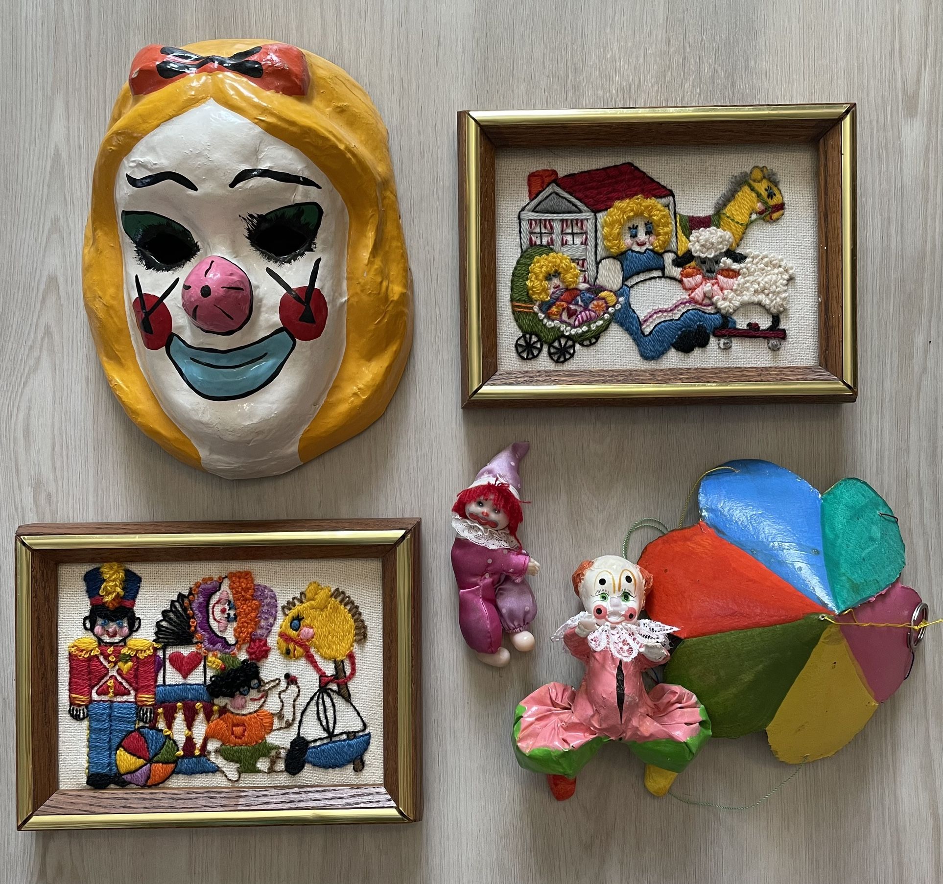 Lot Vintage 70s 80s Clowns -Paper Mache Mask/ Toys/ Yarn Art
