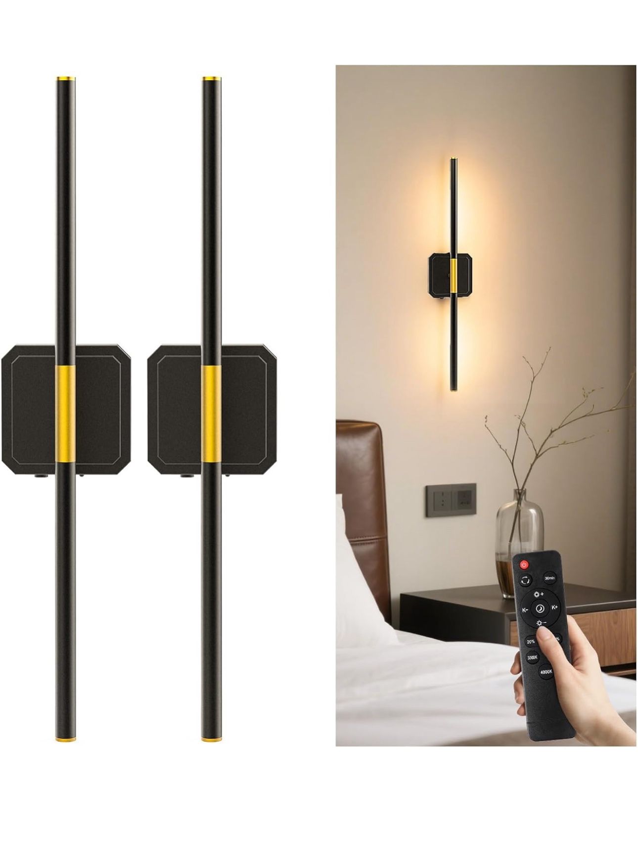 Battery Operated Wall Sconces Set of 2, Detachable 360°Rotate Wall Lamps, 3000-6500K Dimmable with Remote Control, 10000mAh Rechargeable Wall Lights f