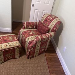 Traditional style Tapestry rollback chair and matching ottoman-