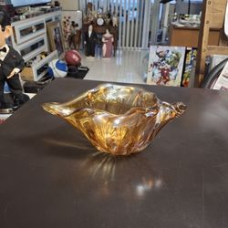 Gorgeous Hand Blown Amber Glass With Gold Flakes Inside Glass Conch Shaped - Coastal Nautical Decor 12"W X 6.5"D X 5"H
