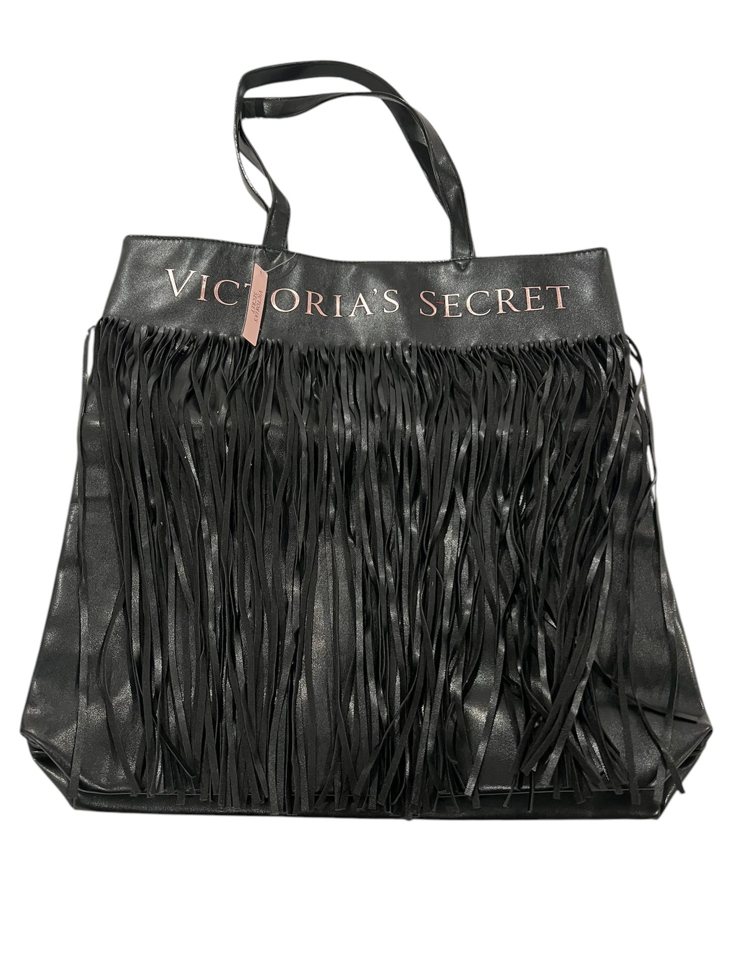 Victoria’s Secret Black Fringe Tote Shoulder Bag Gold Logo 15x17 Faux Leather