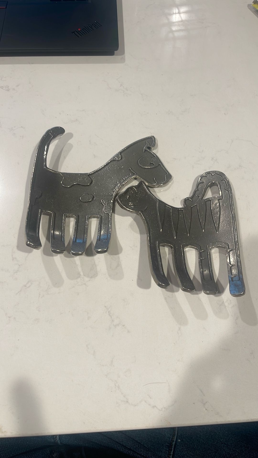 Vintage Crosby & Taylor Tin Woodsman Pewter Salad Servers Cat & Dog RARE