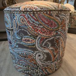 Blue & Orange PAISLEY OTTOMAN with Nailhead Trim