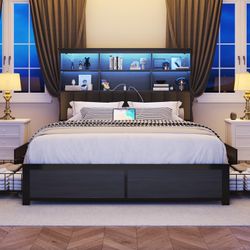 New Full Bed Base with Headboard Full Bed Frame with High Storage Bookcase Headboard, 4 Storage Drawers, Charging Station and LED, No Box Spring Neede