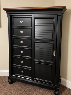 Black Armoire / Gentleman's Chest - 6 Drawers + Sliding Louvered Doors