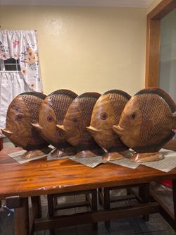 Vintage solid wood tropical fish sculptures