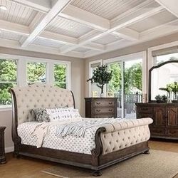 Brand New 4 PC Rustic Natural Tone Sleigh Bedroom Set