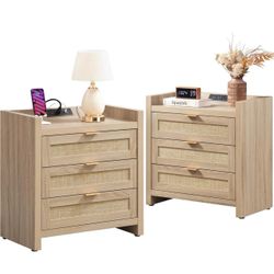Rattan Nightstands Set of 2 Bedside Table - Larger Night Stand with Type-C Charging Station, 3 Drawe