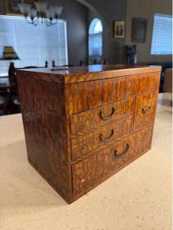 Vintage Japanese Tamo Wood Sewing Box (Haribako) – Burl Grain Storage Chest with 5 Drawers