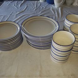Vintage Buffalo restaurant stoneware blue rim 36 pcs. 12 each dinner plate, salad plate & soup bowl A81Z081