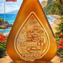 Puerto Rico Engraved Glass Bottle – Coquí Water Ice Design – Custom Engraving Available