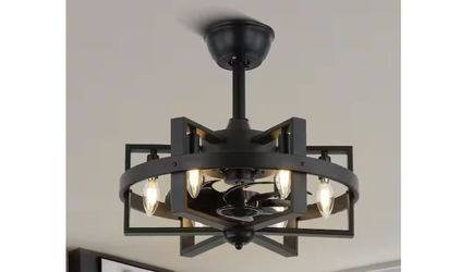 Vintlume 18 in. Indoor Matte Black Metal Caged Ceiling Fan with Light and Remote Fandelier