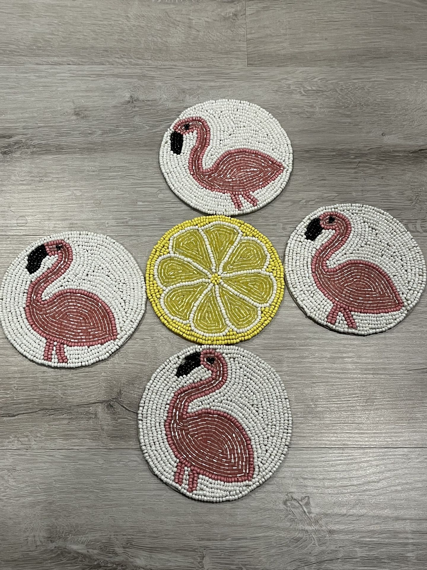 Vintage Flamingo Beaded Coasters With 1 Lemon Beaded Coaster, Set Of 5