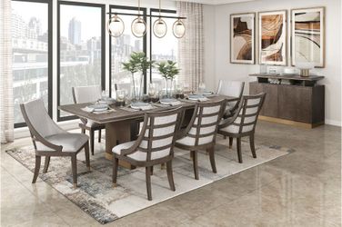 Brand new brown dining table with gold tipping (42 x 75.5 - 95.5 x 30H) + 6 biege linen chairs