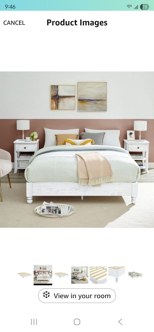 MUSEHOMEINC Wood Platform Bed Frame Rustic Style,Mattress Foundation(no boxspring Needed), White Washed Finish, King