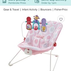 Fisher-Price baby bouncer in pink ellipse