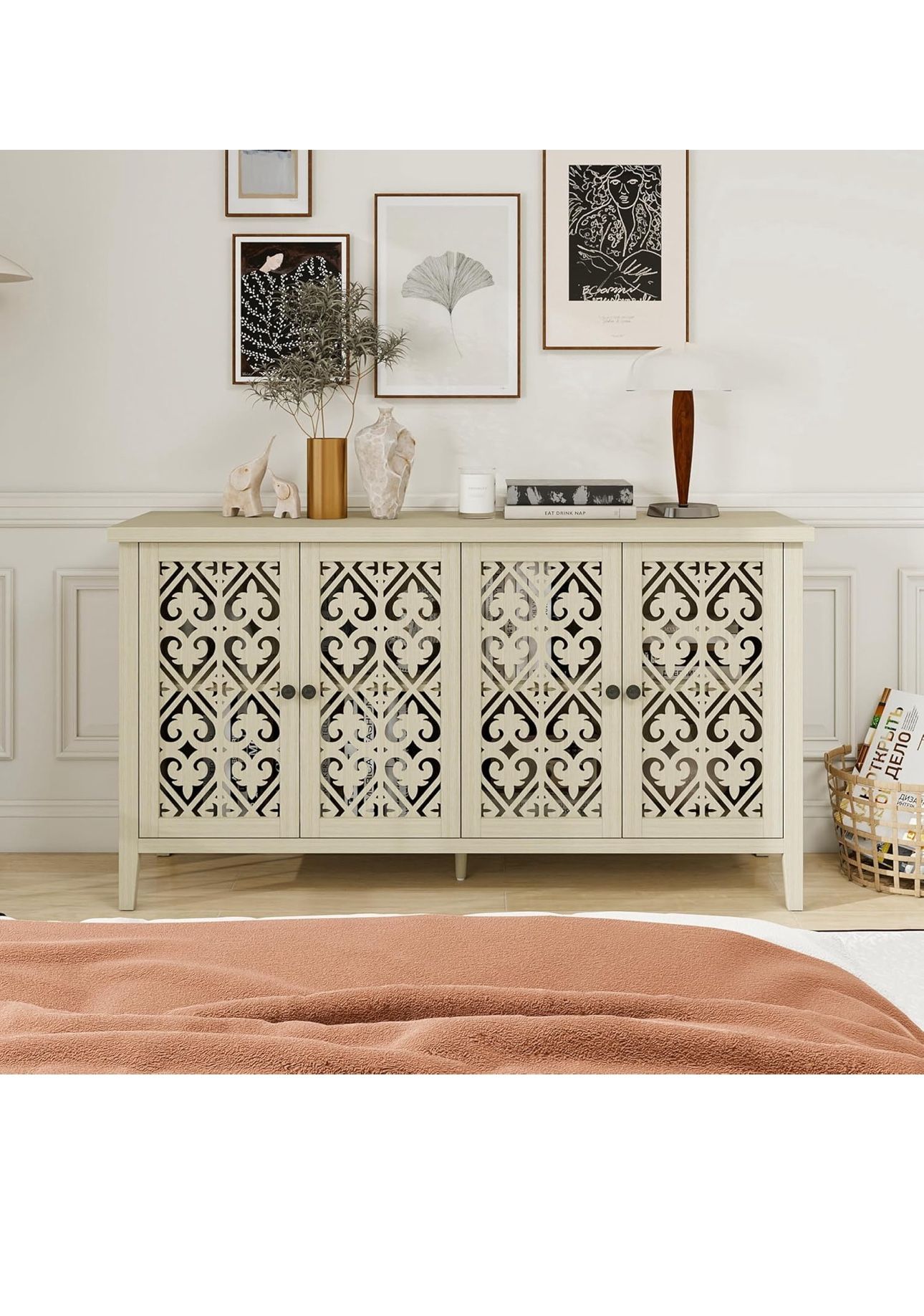 4 Door Sideboard Buffet Cabinet with Storage, Accent Cabinet with Hollow Carving Doors and Adjustabl