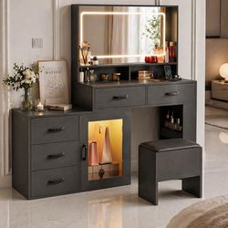 Vanity Desk with Mirror and Lights, Makeup Table Set with LED lights Black